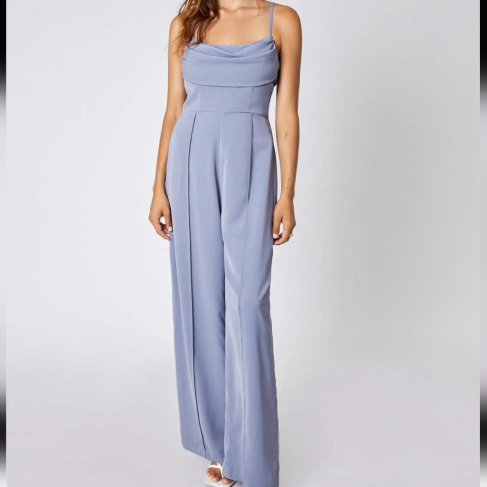 PLAIN JUMPSUIT WITH DRAPED COLLAR AND VISIBLE STITCHING
